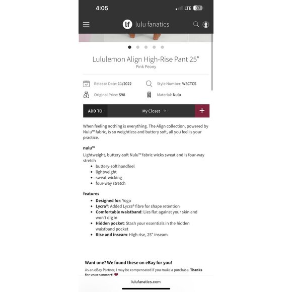 Lululemon Align High-Rise Pant 25” , pink peony, Size 6 J196 - Picture 2 of 7